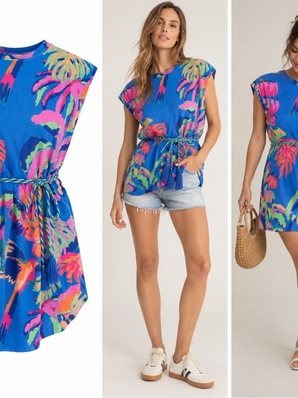 FARM Rio Blue Tropical Print Sleeveless Dress with Multicolor Floral
